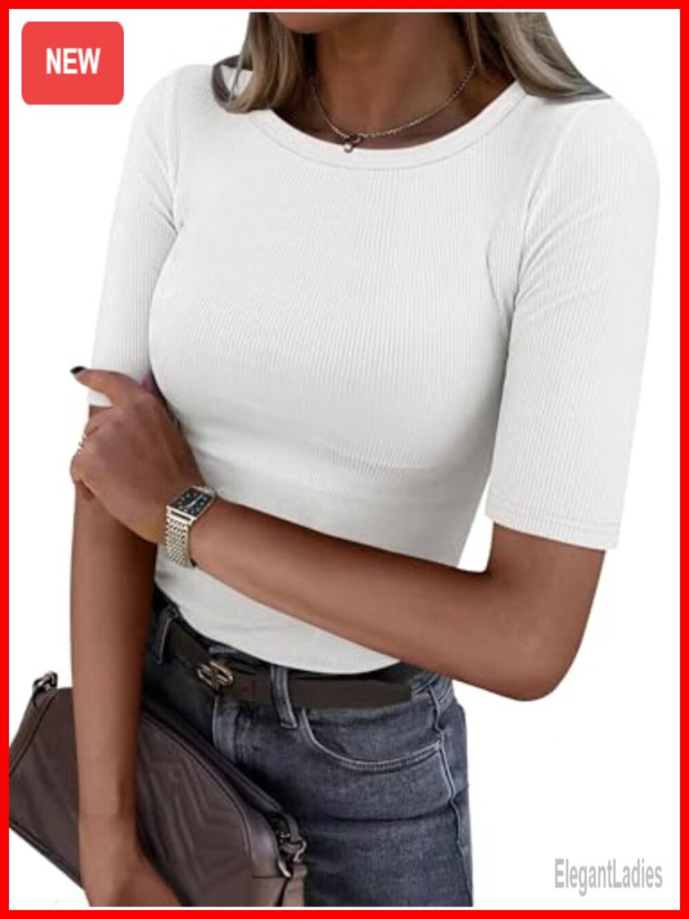 Ribbed Knit Crewneck Half Sleeve Skinny Fit T-Shirt Women's Basic Tee